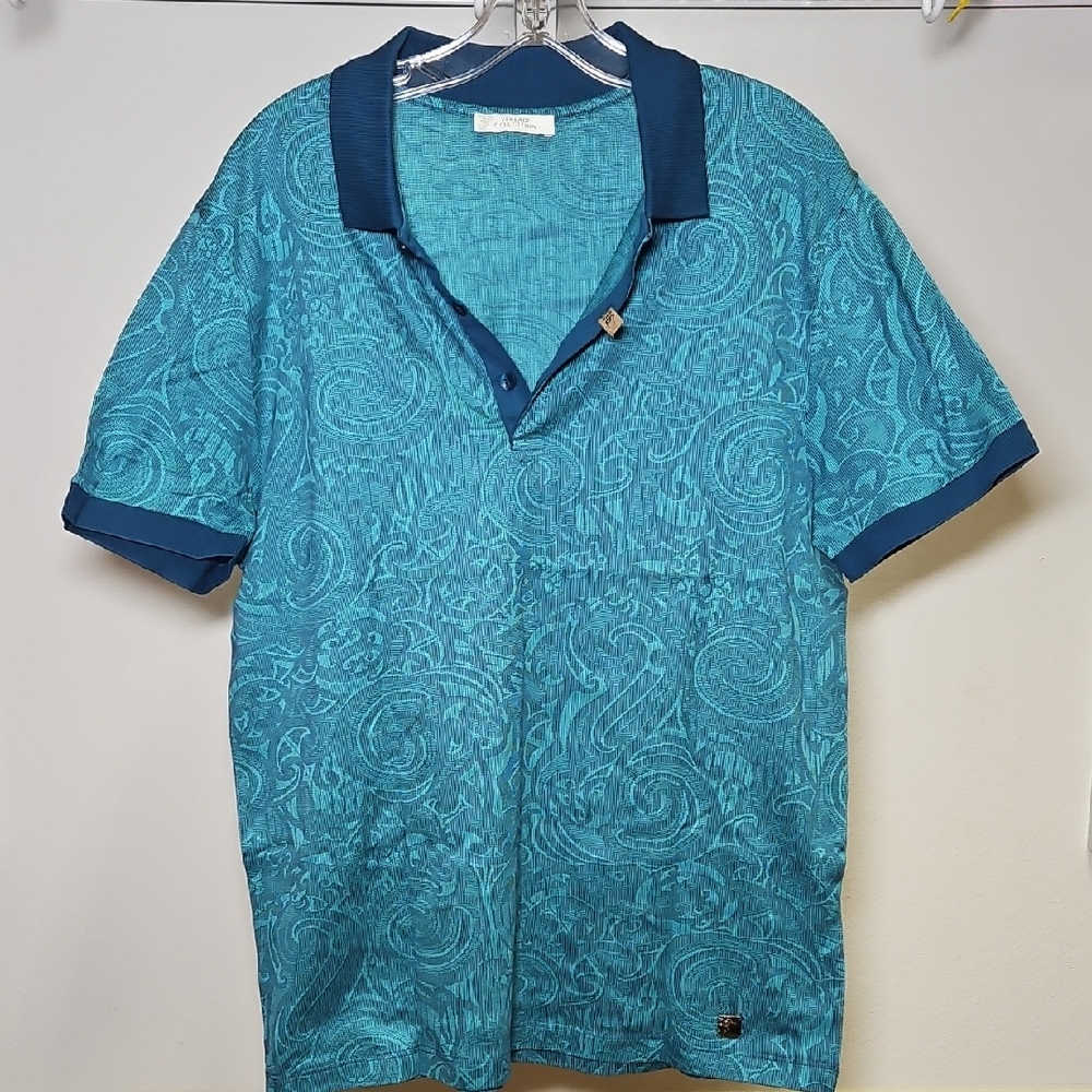 Versace Collection | Teal Patterned Polo Shirt | L